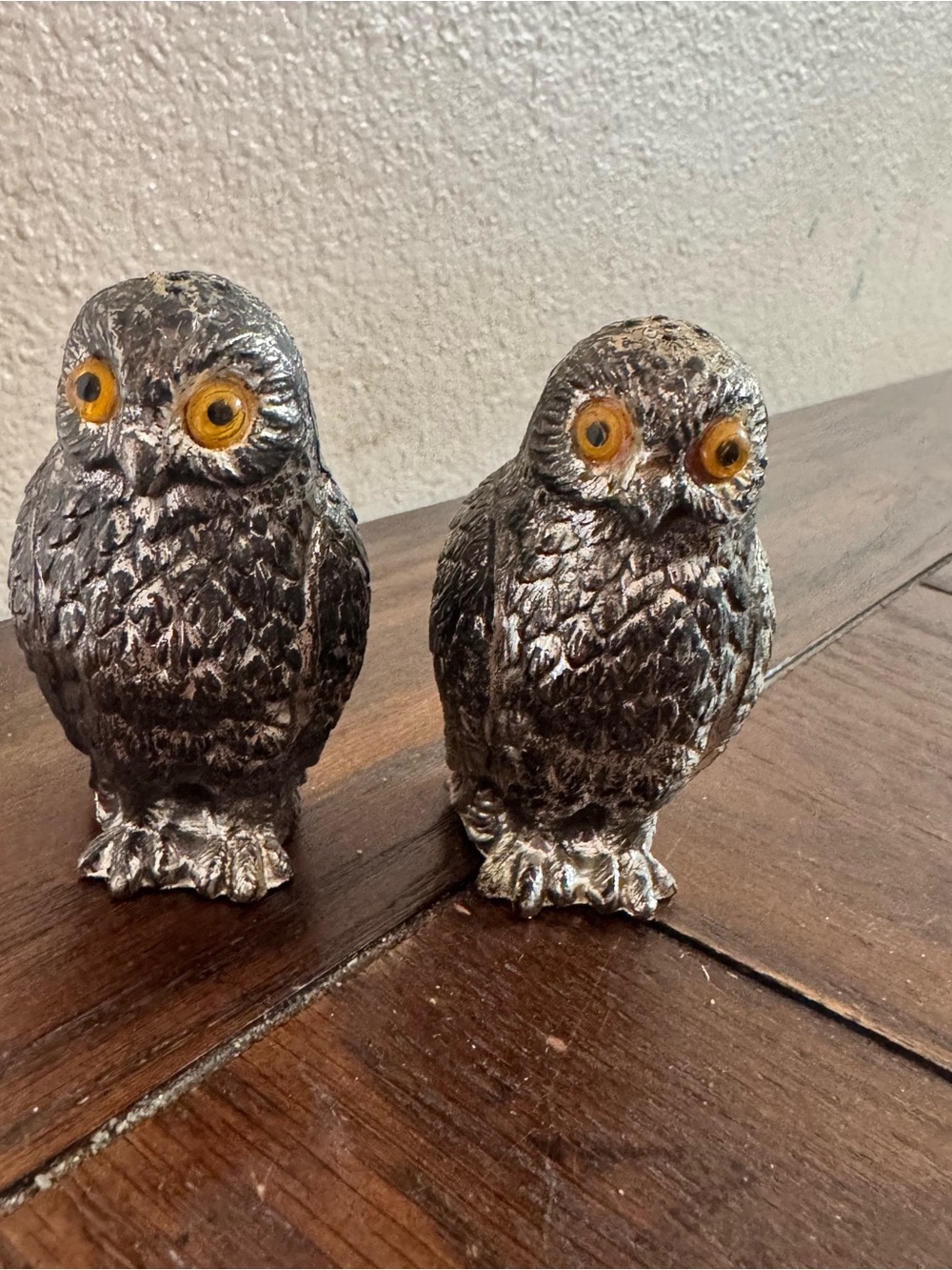 Vintage Mid century, silver plate, metal , owl salt/ pepper shakers,Japan